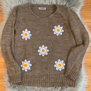 Wool Blend Sweater with Daisy Appliqués